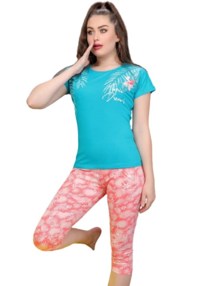 جنة بيجامة نوم نسائية باكمام قصيره وبنطلون برمودا مصنوعة من القطن