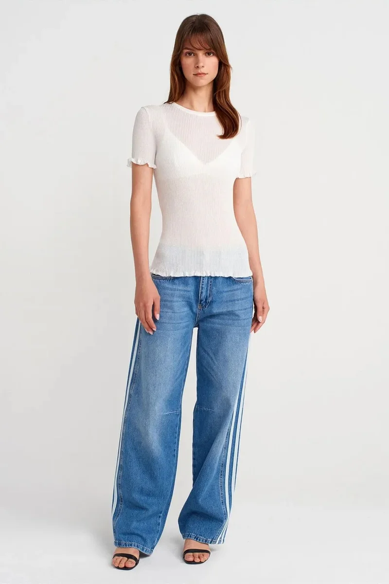 Dilvin White DILVIN Slim Fit Ribbed Frill Blouse for Women | Best Price UAE