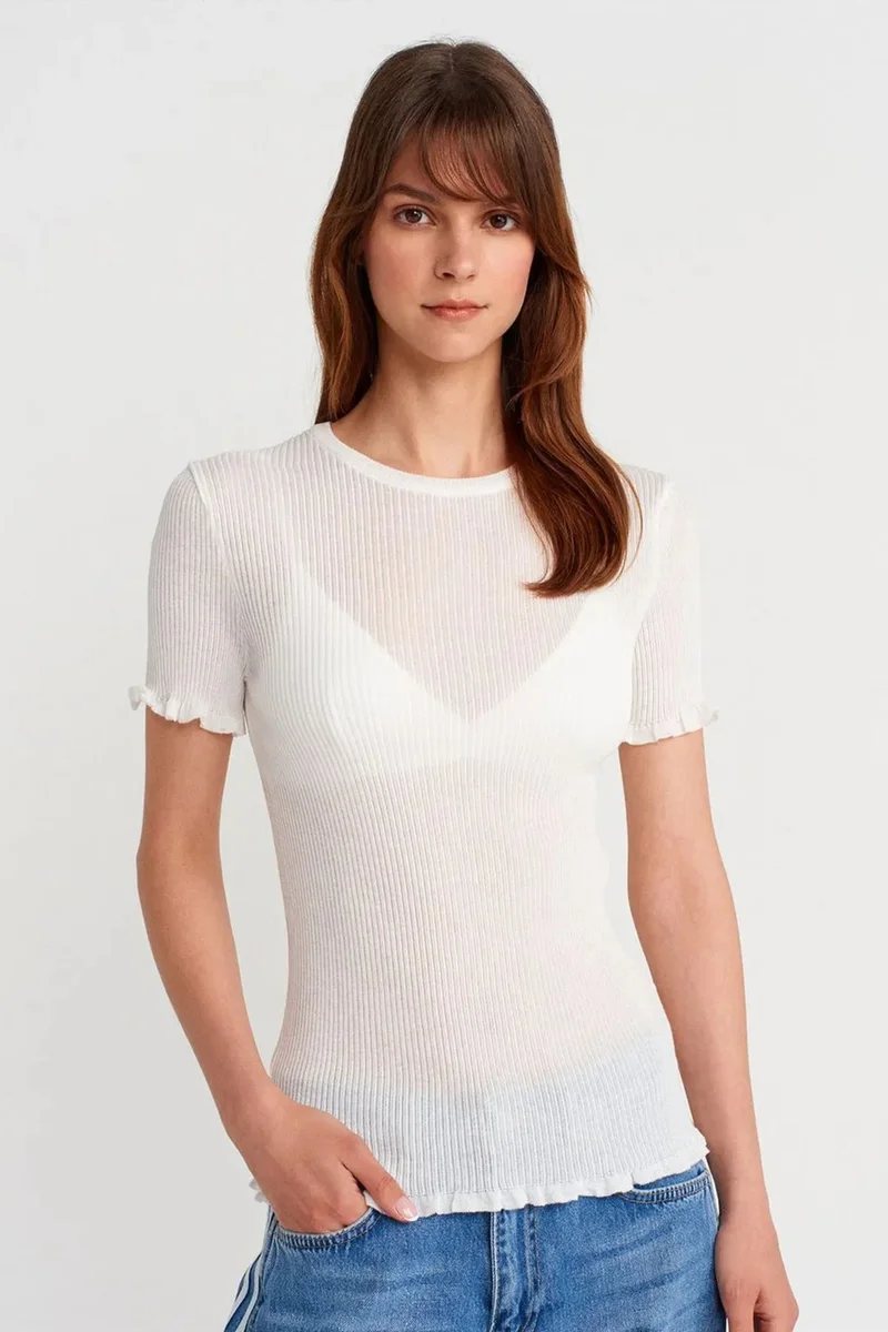 DILVIN Slim Fit Ribbed Frill Blouse