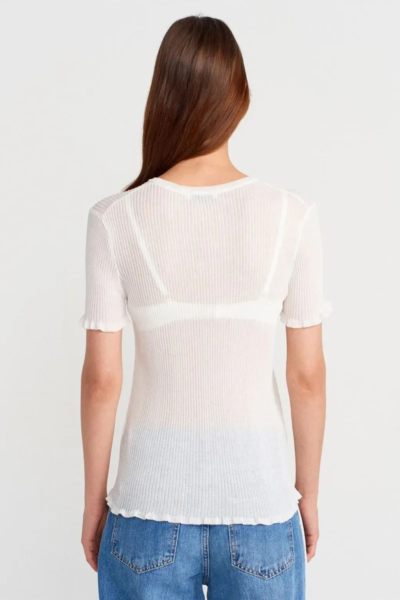 Dilvin White DILVIN Slim Fit Ribbed Frill Blouse for Women | Best Price UAE