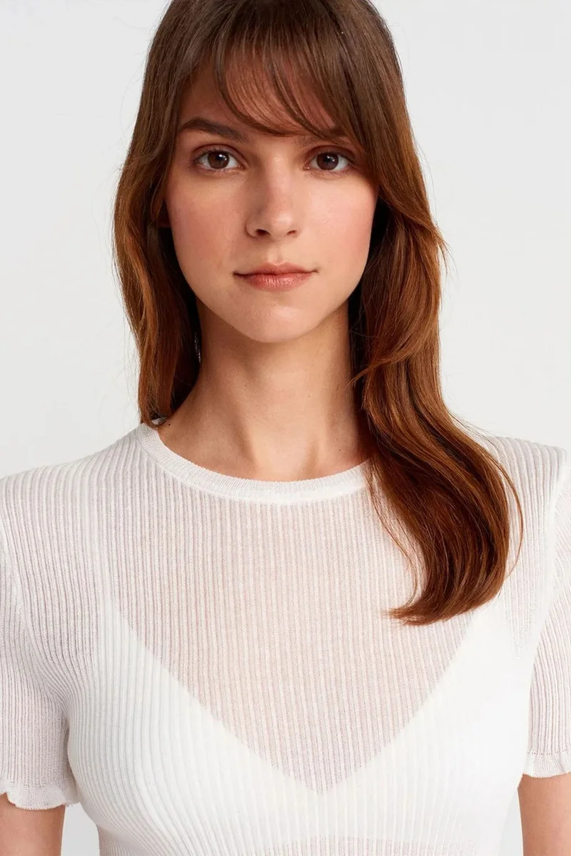 Dilvin White DILVIN Slim Fit Ribbed Frill Blouse for Women | Best Price UAE