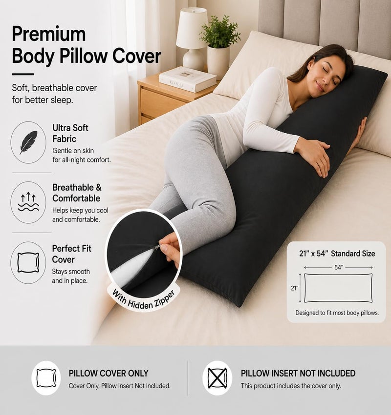 EVOLIVE Ultra Soft Body Pillow Cover 21"x54", Cozy Microfiber Pillowcase with Hidden Zipper, Breathable, Perfect for Pregnancy & Side Sleepers, Cover Only (21"x54" Body Pillow Cover, Black) - Image 4
