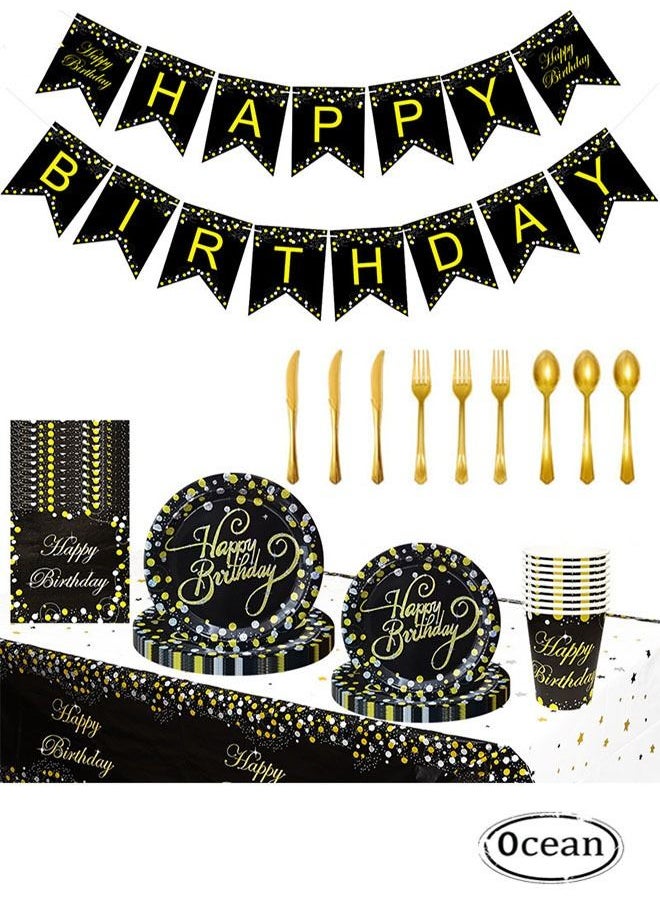 Ocean 114 Piece Happy Bithday Party Pack Tableware, Cups Napkin Tissue Plates, Gold Polka Dot Disposable Party Decoration, for Birthday Graduation Set 16 Guest  - Image 1
