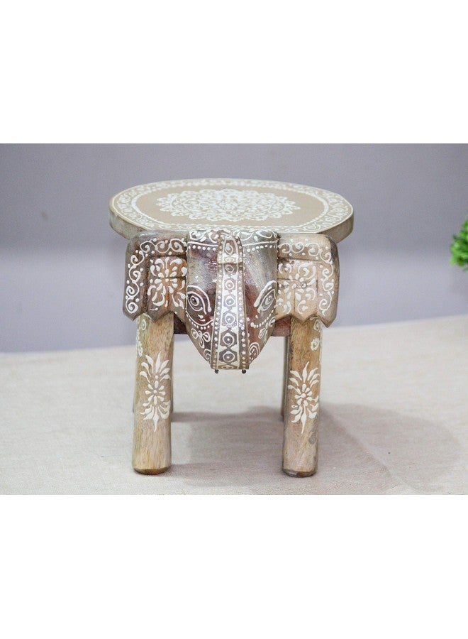 JH Gallery Handcrafted and Hand-Painted Wooden Elephant Shape Stool/Side Table for Home/Office/Living or Bedroom Decor (Natural White) - Image 2