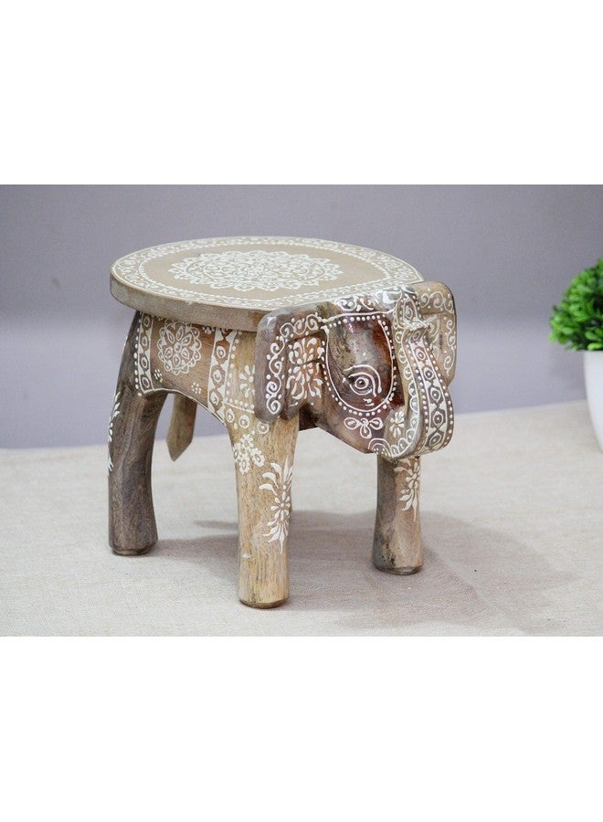 JH Gallery Handcrafted and Hand-Painted Wooden Elephant Shape Stool/Side Table for Home/Office/Living or Bedroom Decor (Natural White) - Image 3