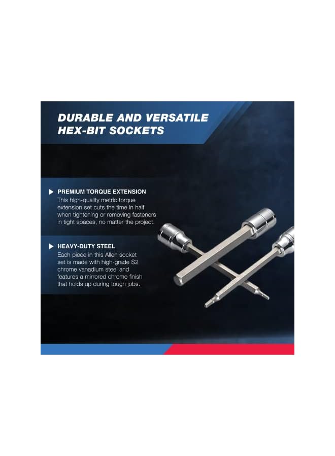 نيكو 10076A 3/8 بوصة محرك اضافية طويلة ألين عرافة بت مجموعة مقابس متري 3 مللي متر 10 مللي متر S2 و Cr V الصلب 7 قطعة مجموعة - Image 3