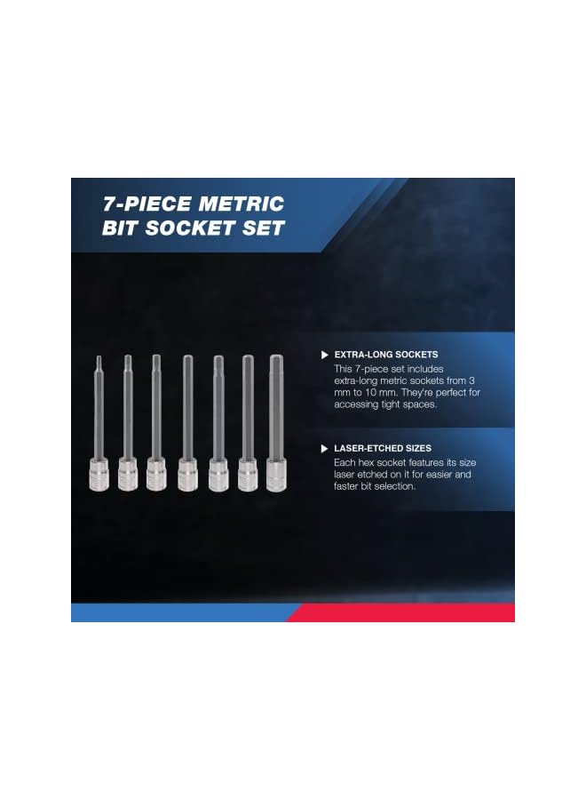 نيكو 10076A 3/8 بوصة محرك اضافية طويلة ألين عرافة بت مجموعة مقابس متري 3 مللي متر 10 مللي متر S2 و Cr V الصلب 7 قطعة مجموعة - Image 4