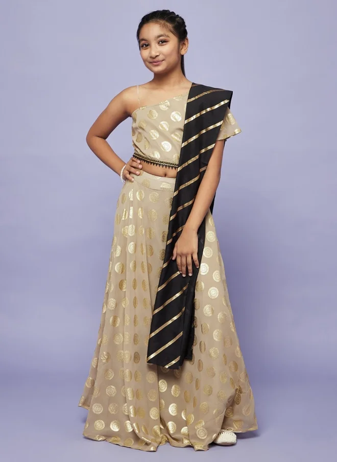 AKS Beige and Gold-Toned Printed Lehenga for Girls