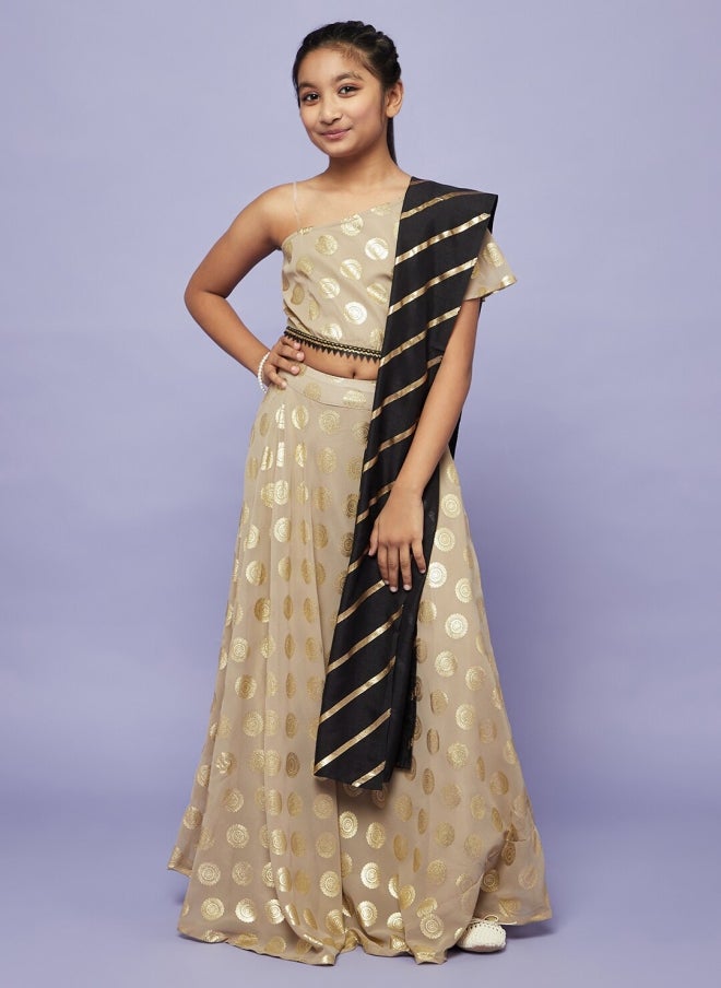 AKS Beige and Gold-Toned Printed Lehenga for Girls - Image 1
