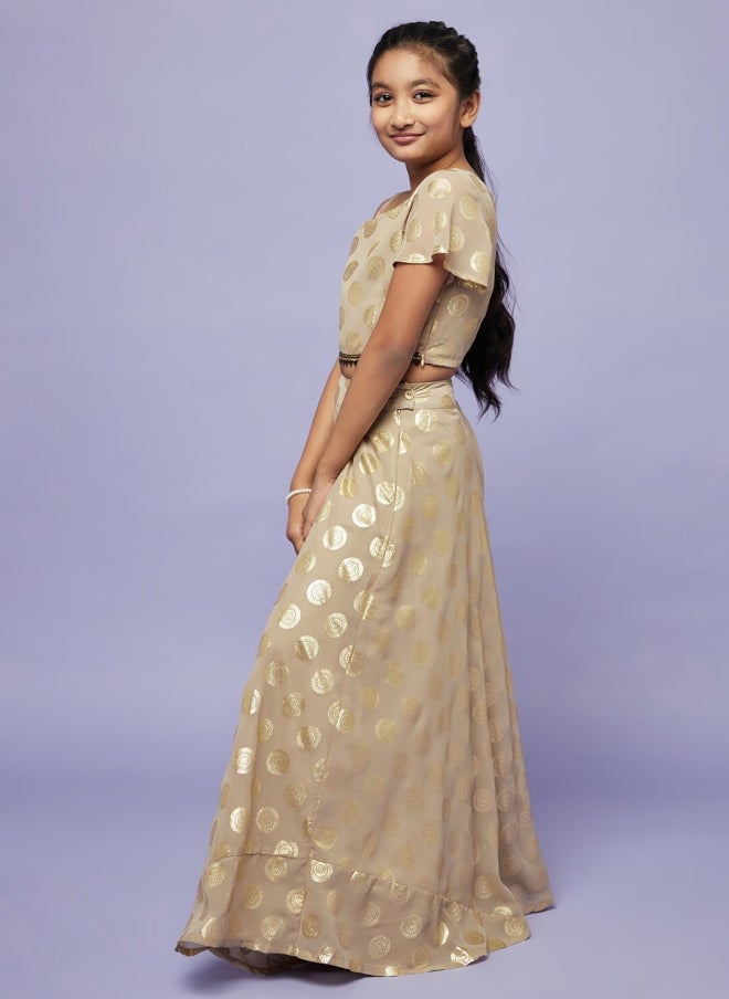AKS Beige and Gold-Toned Printed Lehenga for Girls - Image 5