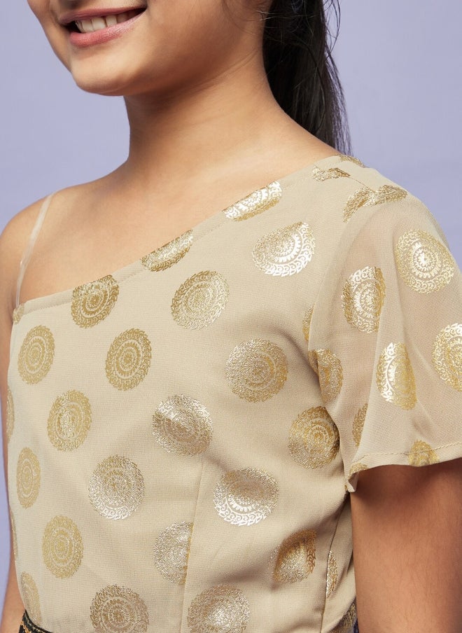 AKS Beige and Gold-Toned Printed Lehenga for Girls - Image 2