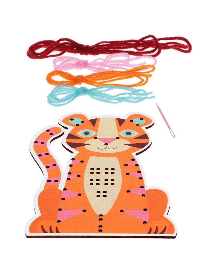 Rex London Tiger Learn to Sew Wooden Hand-Stitch Kit – Montessori Sewing Toy for Kids Ages 3+, Fine Motor Skill Toy with Yarn & Needle, Early Craft Activity for Toddlers, Boys & Girls, Eco-Friendly Educational Toy - Image 1