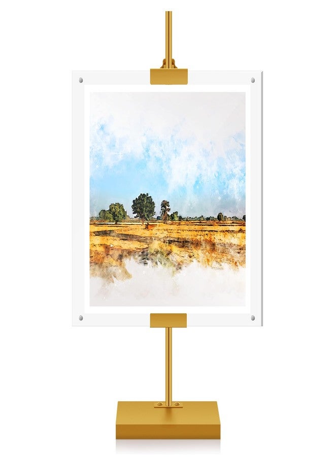 Yaocom حامل معدني قابل للتعديل من ياوكوم مع إطار صور عائم من الأكريليك، حامل طاولة مقاس 16.5 بوصة لعرض الملصقات أو اللافتات، حامل أرضي شديد التحمل لحفلات الزفاف والمعارض المنزلية والمطاعم (ذهبي) - Image 1