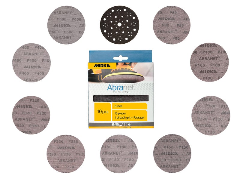 Mirka Abranet Net Discs + Pad Saver / 6 inch/Mix-Pack / 1 of Each Grit 80, 100, 120, 150, 180, 220, 320, 400, 600 + Pad Saver/Mesh Sandpaper Sanding Disc Hook and Loop / 10 pcs / 9A-241-APRP - Image 1
