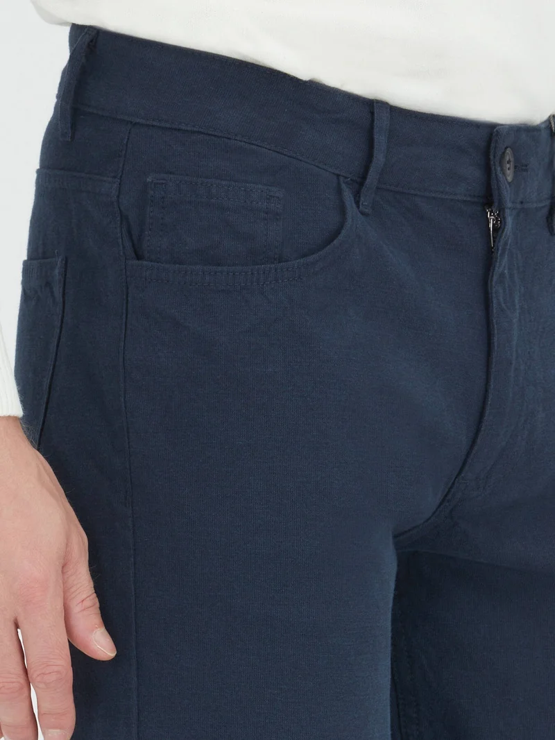 Kip Navy Blue Weaving Slim Fit Sport Cotton Blended Trousers