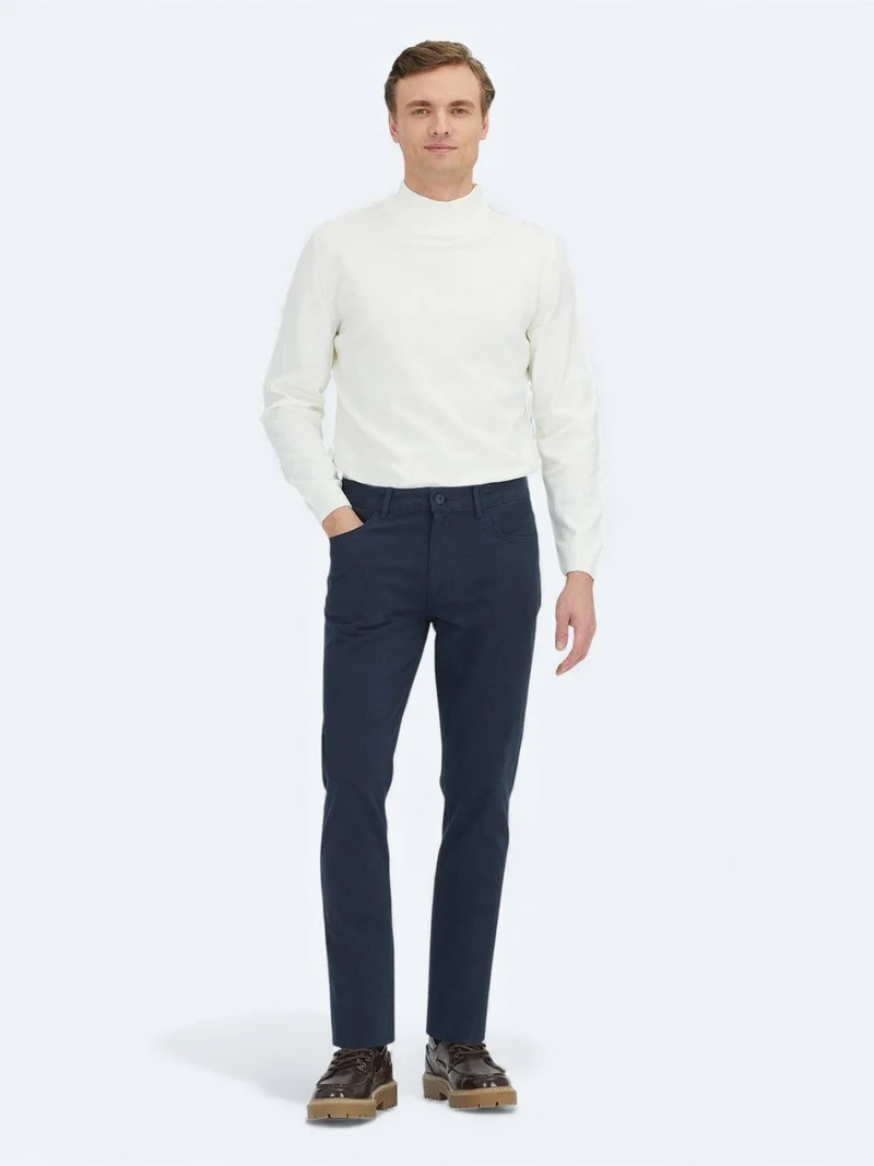 Kip Navy Blue Weaving Slim Fit Sport Cotton Blended Trousers
