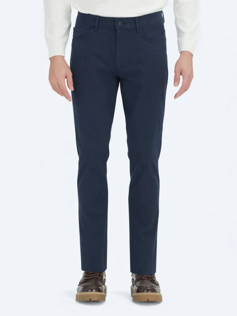 Kip Navy Blue Weaving Slim Fit Sport Cotton Blended Trousers