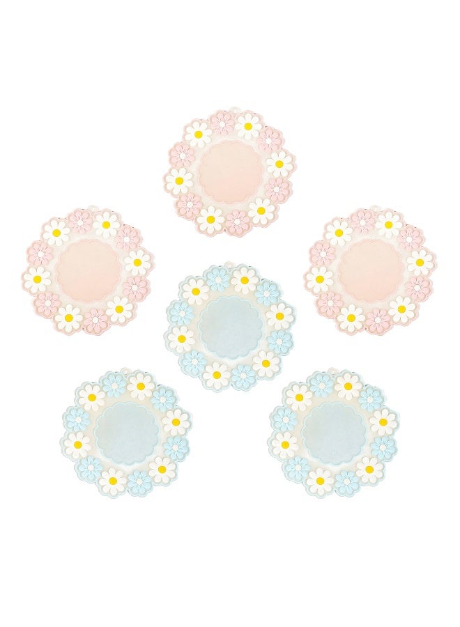 6 sets of silicone table mats, multi-purpose mats, heat-insulating, anti slip, durable kitchen mats - flexible kitchen table mats - suitable for hot dishes, pots, dining table tops, blue and pink and decorated with flowers - Image 1