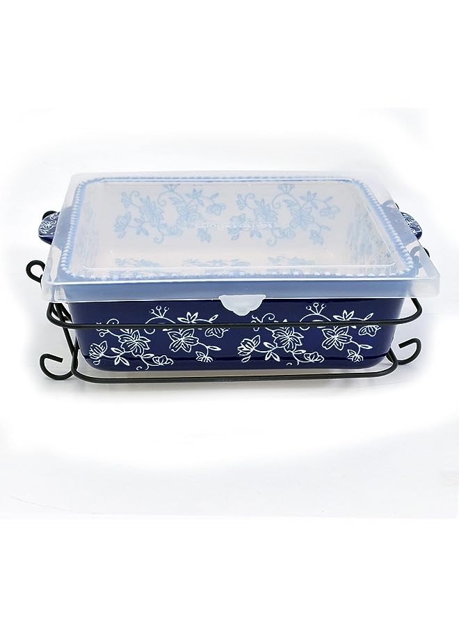 Temp-tations Floral Lace Bakeware Set,Take Baker Square Bakers with Tote Bag-Blue - Image 1