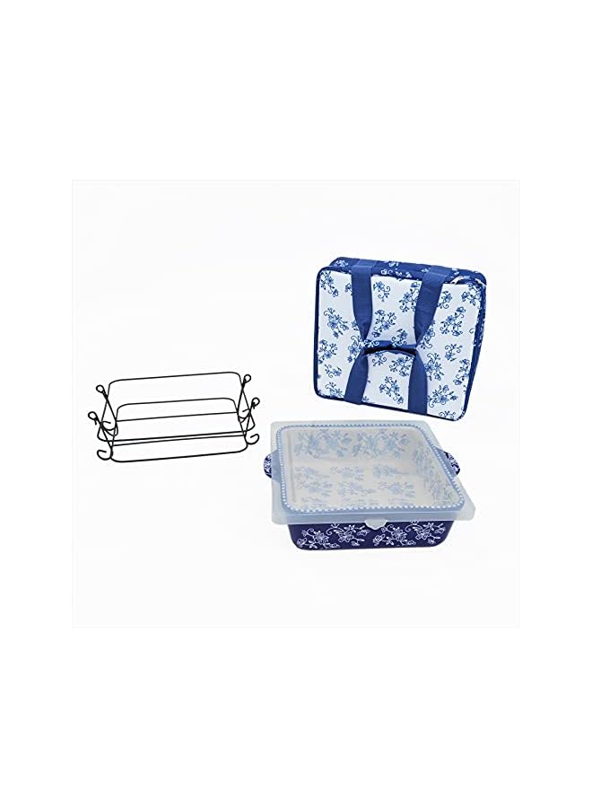 Temp-tations Floral Lace Bakeware Set,Take Baker Square Bakers with Tote Bag-Blue - Image 3