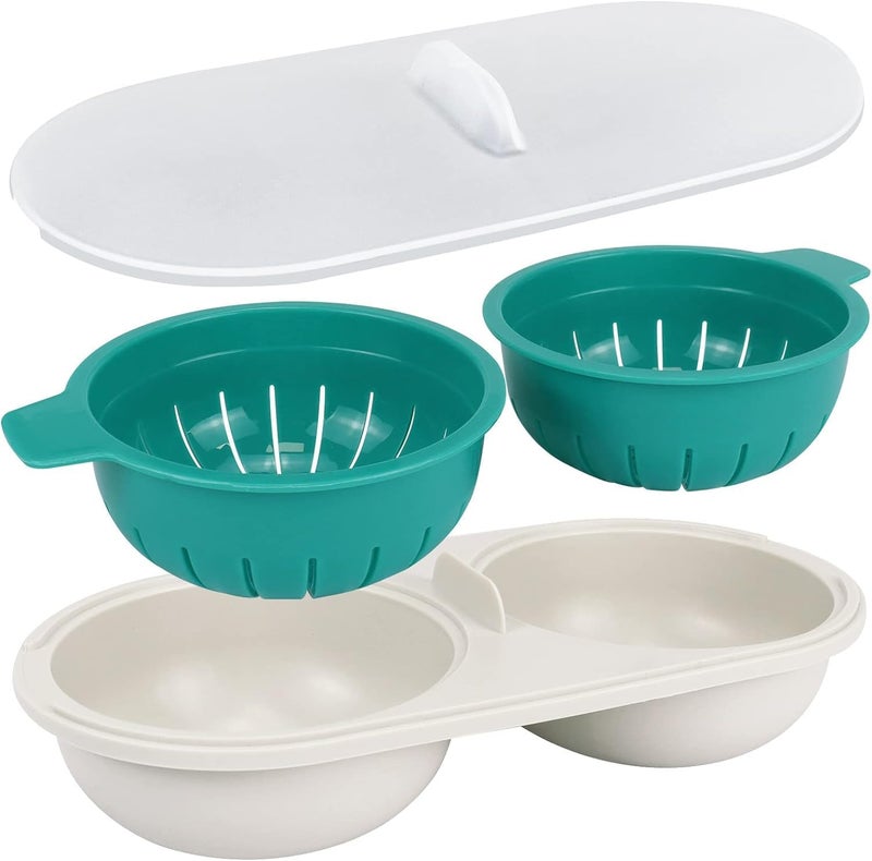 Potency Microwave Egg Poachers Mold Eggs Poacher CupDraining Egg BoilerEggs Poacher Cup Lids NonStick Coated Cooking Food Grade PP Double Cup Egg Cooker Egg Steamer Kitchen Gadget Blue - Image 1