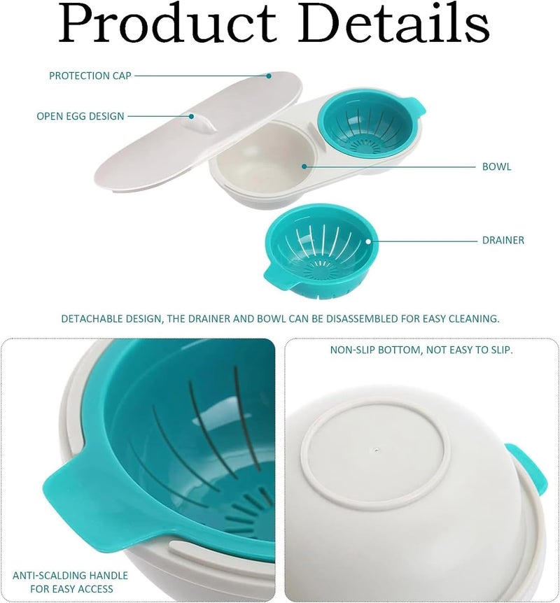 Potency Microwave Egg Poachers Mold Eggs Poacher CupDraining Egg BoilerEggs Poacher Cup Lids NonStick Coated Cooking Food Grade PP Double Cup Egg Cooker Egg Steamer Kitchen Gadget Blue - Image 3
