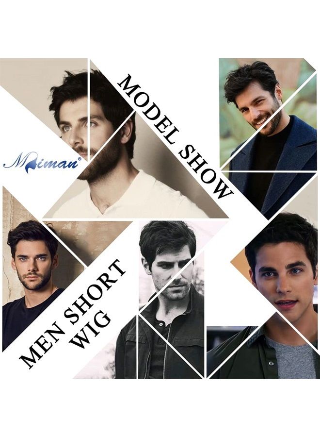 Mens Short Black Wigs for Men Side Part Wig Layered Natural Synthetic Mens Hair Replacement Wig Handsome Male Halloween Costume Party Cosplay Wigs with Wig Cap