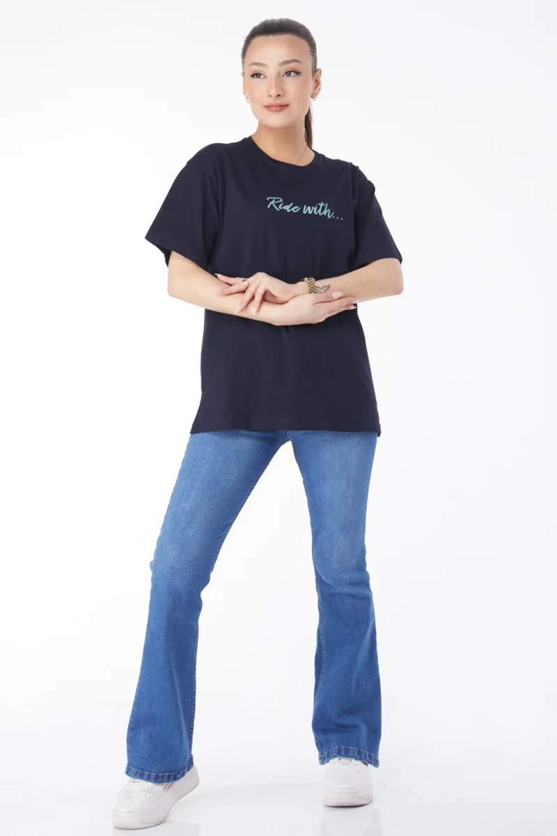 Tofisa 24651-DARK BLUE Crew Neck Short Sleeve Printed T-Shirt