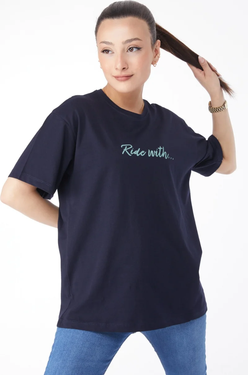 Tofisa 24651-DARK BLUE Crew Neck Short Sleeve Printed T-Shirt