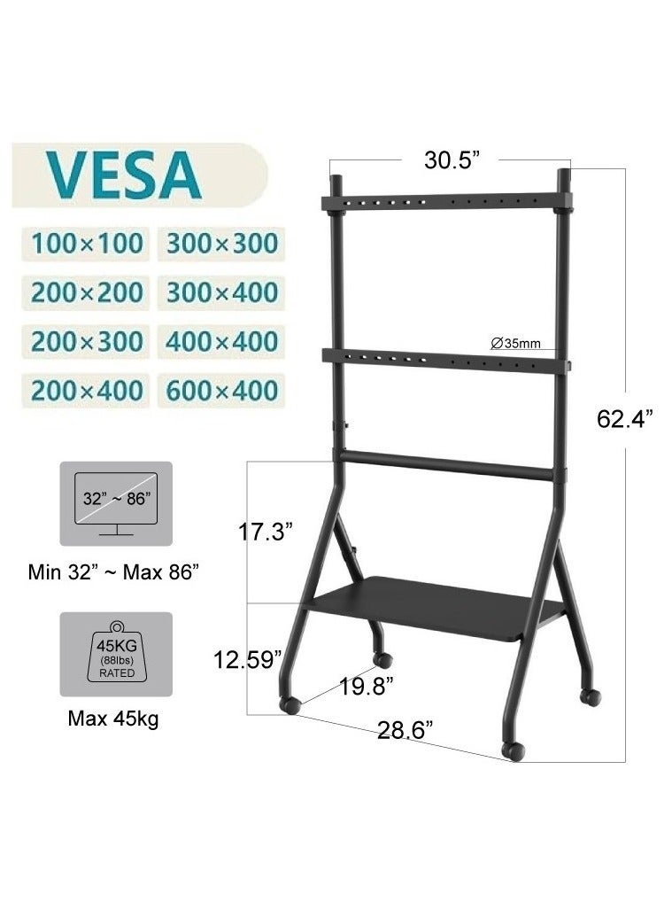 بيتيك حامل تلفزيون متحرك يناسب شاشات من 32 إلى 86 بوصة، بعجلات قابلة للقفل، قابل لتعديل الارتفاع، حمولة حتى 45 كجم، إدارة للكابلات، حامل منزلق ورف إضافي بحمولة 10 كجم، أسود |  TF-RG9B - Image 2