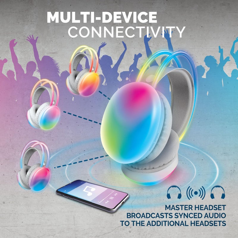 Brookstone Wireless Silent Disco Headphones, Multicolor LED Lights, Bluetooth 5.0, Up to 10 Hours of Playtime, 4 Pack - Image 2