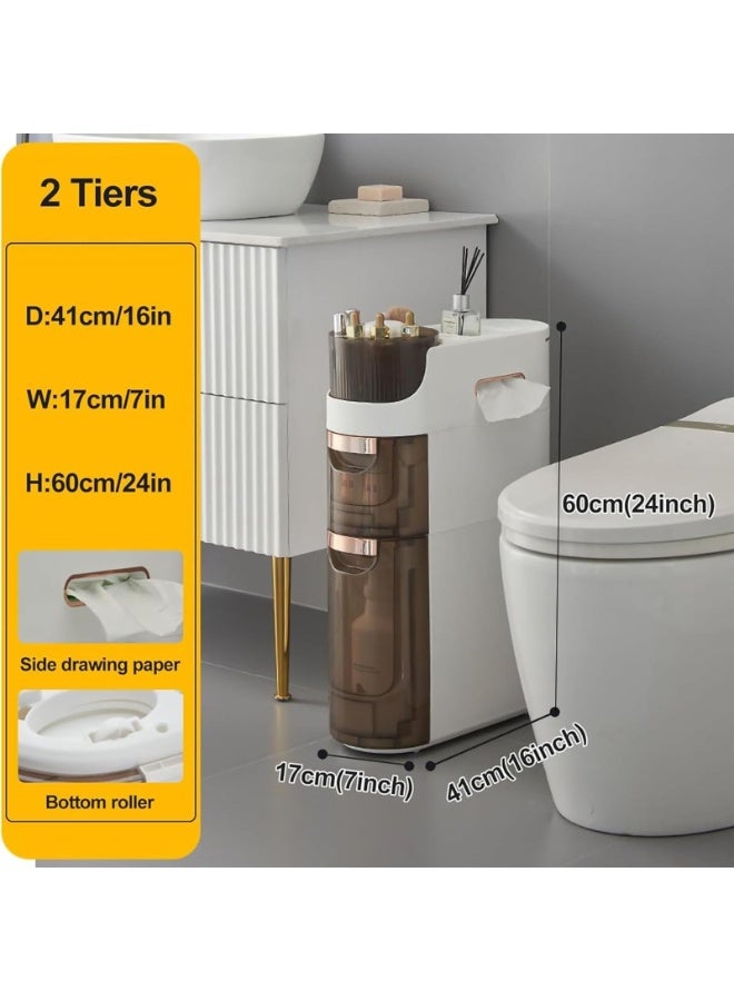 XiuWoo Narrow Bathroom Storage Cabinet with Toilet Paper Holder - Slim Vertical Dresser for Small Spaces, Freestanding Organizer for Kitchen, Laundry Room & Toilet Gaps(2-Tiers) - Image 2