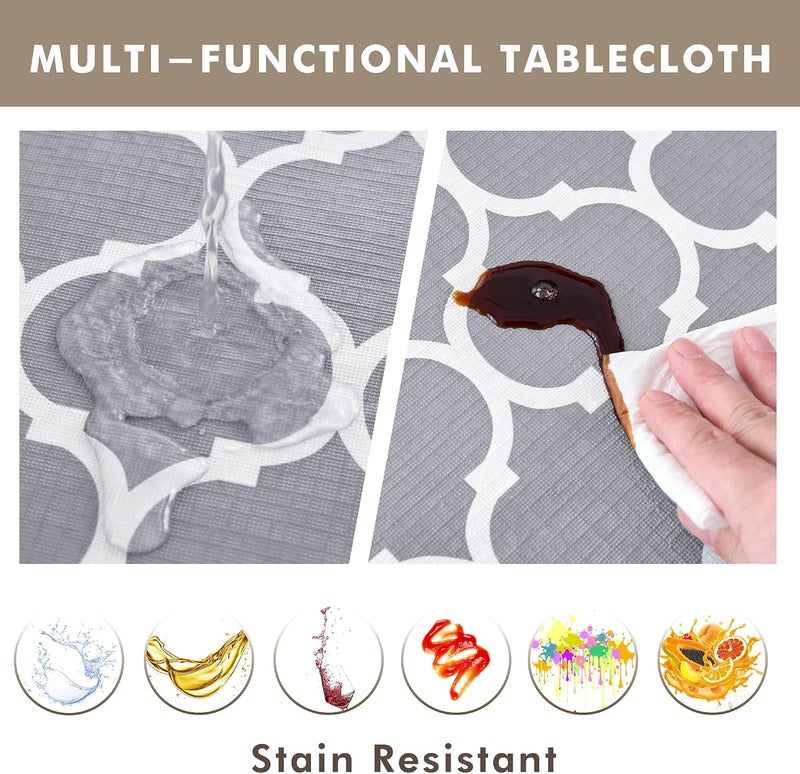 Nasitos 2 Pack Plastic Vinyl Tablecloth with Flannel Backed 60x84 Inch Moroccan Grey - Image 4