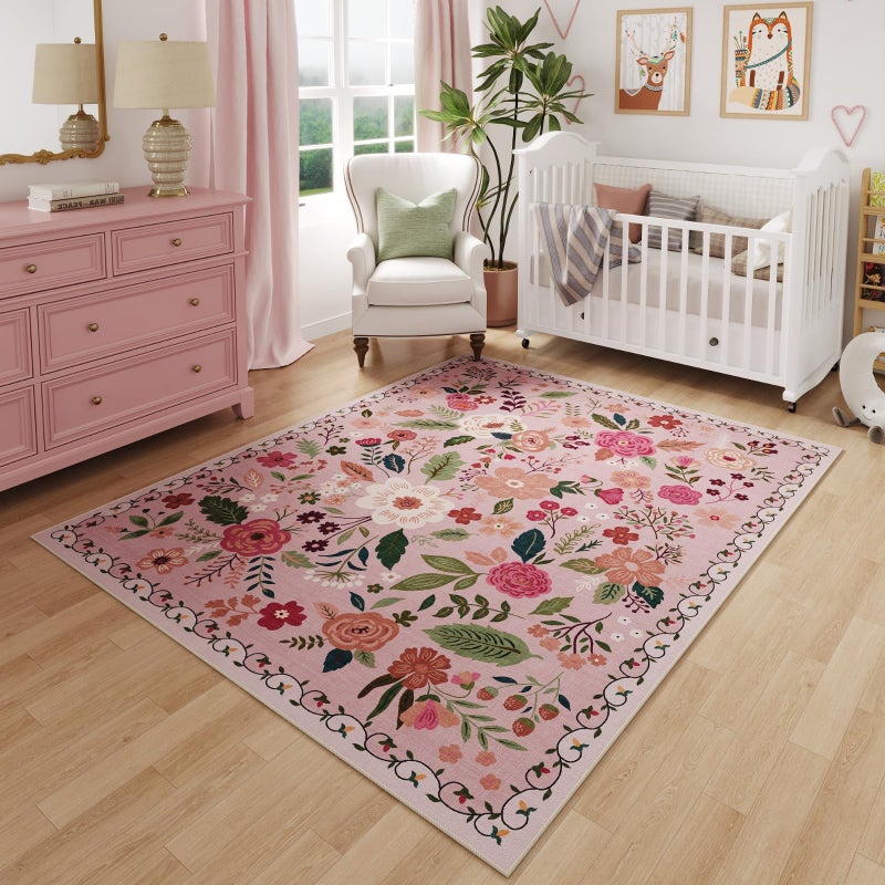 Rugcomf Area Rug 4x6 Rug Washable Boho Rugs Non Slip Low Pile Floral Small Carpet for Bedroom, Bedside, Kids Room, Office, Dining Room(Pink) - Image 1