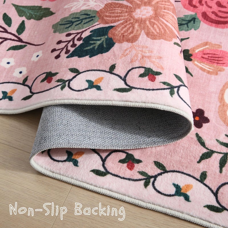 Rugcomf Area Rug 4x6 Rug Washable Boho Rugs Non Slip Low Pile Floral Small Carpet for Bedroom, Bedside, Kids Room, Office, Dining Room(Pink) - Image 5