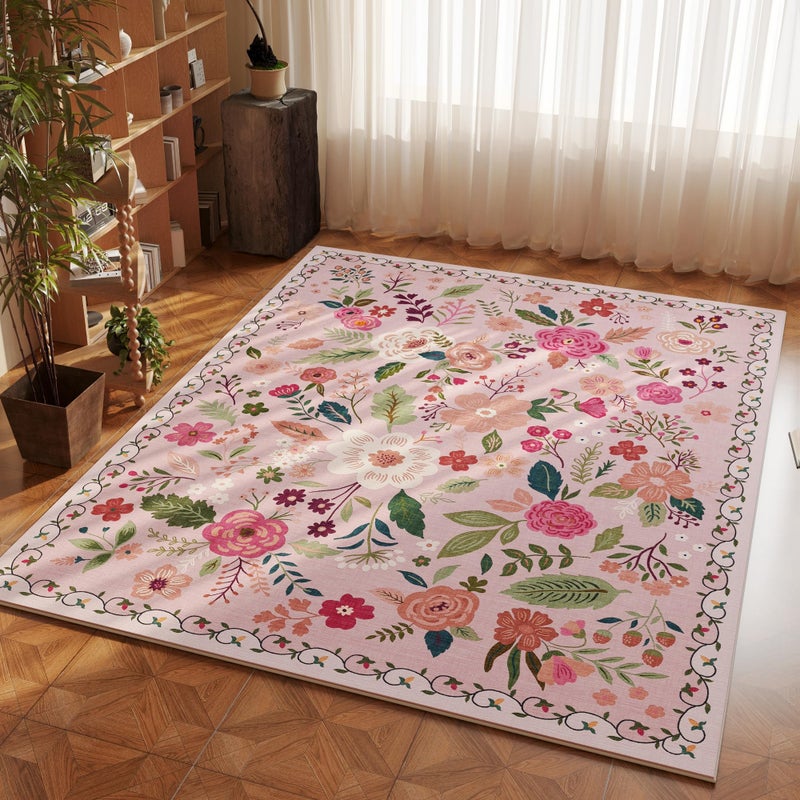 Rugcomf Area Rug 4x6 Rug Washable Boho Rugs Non Slip Low Pile Floral Small Carpet for Bedroom, Bedside, Kids Room, Office, Dining Room(Pink) - Image 2