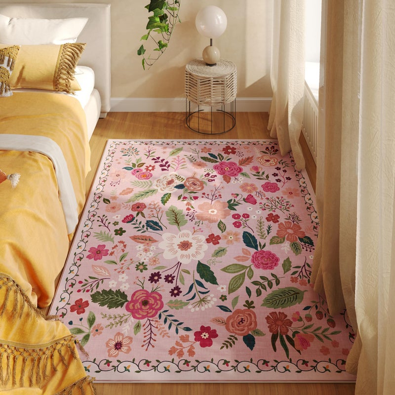 Rugcomf Area Rug 4x6 Rug Washable Boho Rugs Non Slip Low Pile Floral Small Carpet for Bedroom, Bedside, Kids Room, Office, Dining Room(Pink) - Image 3