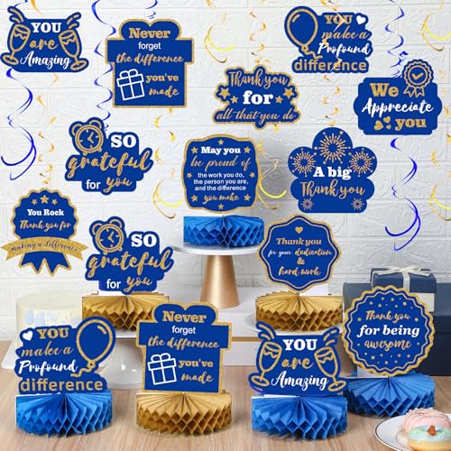 Weekgrat 36 Pcs We Appreciate You Decoration Thank You Table Honeycomb Centerpieces Appreciate Hanging Swirls Banner for Employee Teacher Nurse Staff Appreciation Party DecorBlue GoldClassic - Image 5