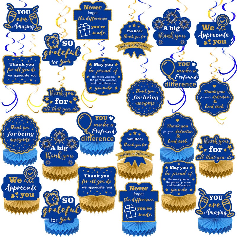 Weekgrat 36 Pcs We Appreciate You Decoration Thank You Table Honeycomb Centerpieces Appreciate Hanging Swirls Banner for Employee Teacher Nurse Staff Appreciation Party DecorBlue GoldClassic - Image 3