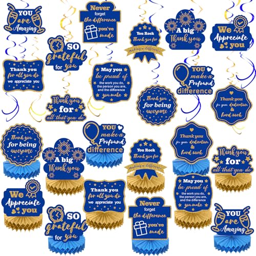 Weekgrat 36 Pcs We Appreciate You Decoration Thank You Table Honeycomb Centerpieces Appreciate Hanging Swirls Banner for Employee Teacher Nurse Staff Appreciation Party DecorBlue GoldClassic - Image 1
