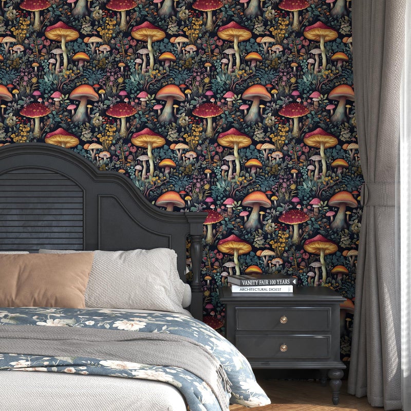 BOKEBEVE Black Colorful Mushroom Contact Paper Floral Wallpaper Peel and Stick Vintage Wall Paper for Backsplash Kitchen Cabinet Removable Waterproof 17.5 x 118In - Image 2