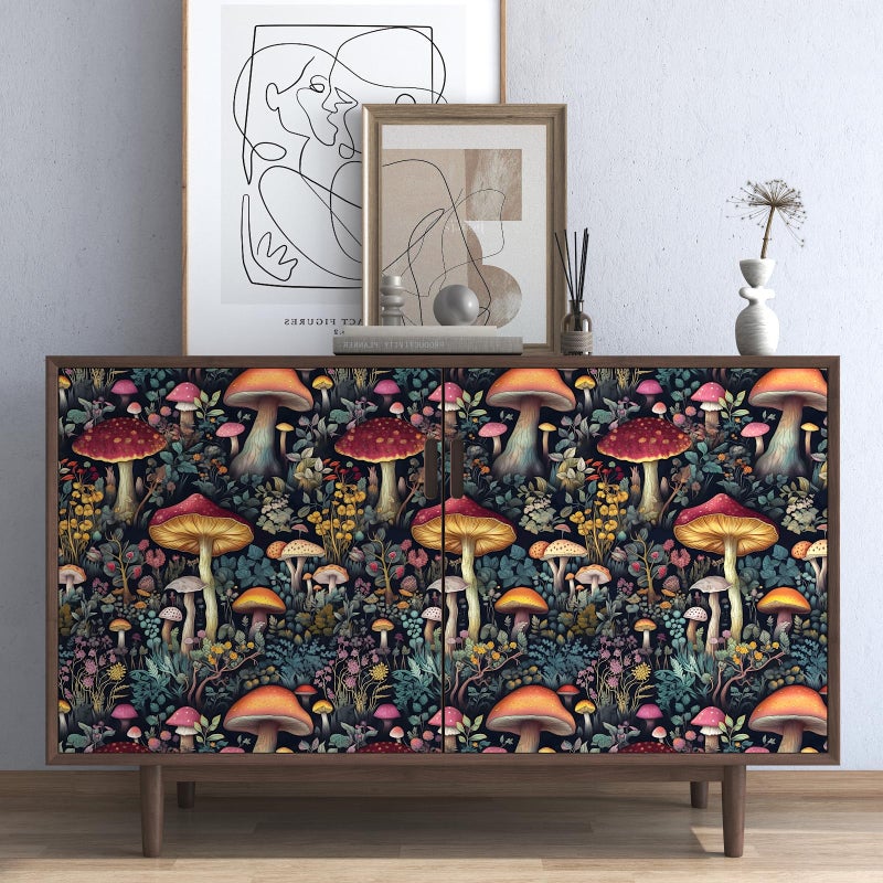 BOKEBEVE Black Colorful Mushroom Contact Paper Floral Wallpaper Peel and Stick Vintage Wall Paper for Backsplash Kitchen Cabinet Removable Waterproof 17.5 x 118In - Image 5