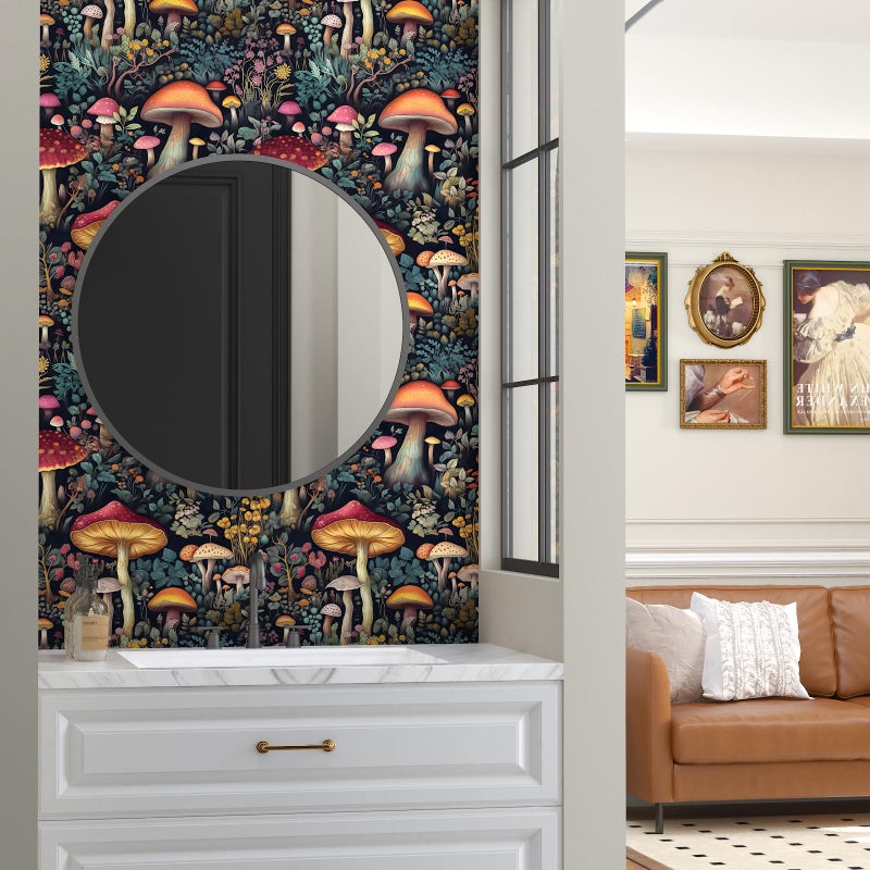 BOKEBEVE Black Colorful Mushroom Contact Paper Floral Wallpaper Peel and Stick Vintage Wall Paper for Backsplash Kitchen Cabinet Removable Waterproof 17.5 x 118In - Image 3