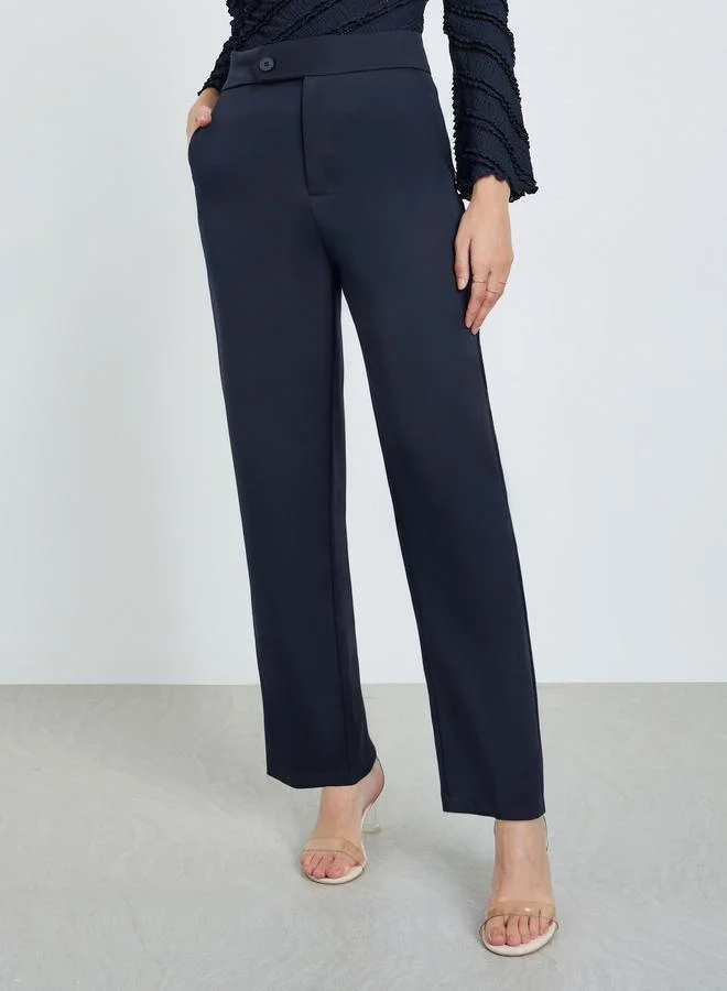 Take Two Navy Blue High Rise Straight Fit Trousers
