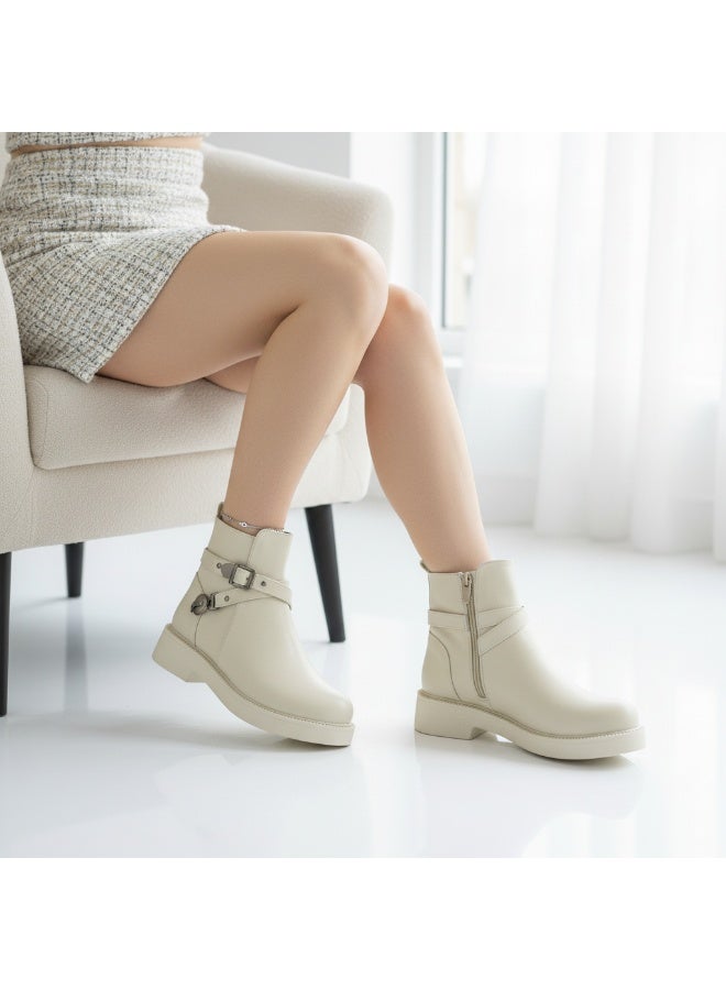 لايف ستيلاش  حذاء كاحل جلد مع اكسسوارات مريح G-63 - بيج - Image 1