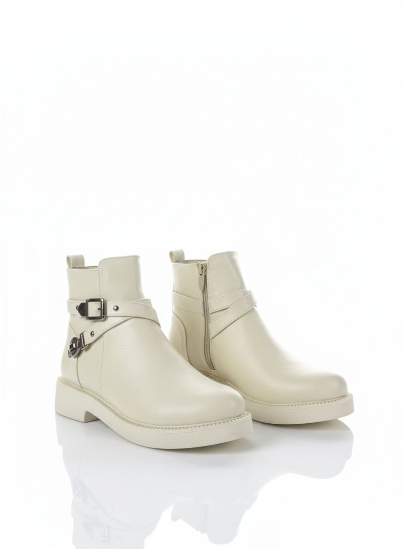 لايف ستيلاش  حذاء كاحل جلد مع اكسسوارات مريح G-63 - بيج - Image 2