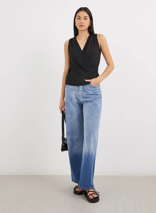 ستايلي بلوزة محبوكة بدون أكمام بياقة على شكل حرف