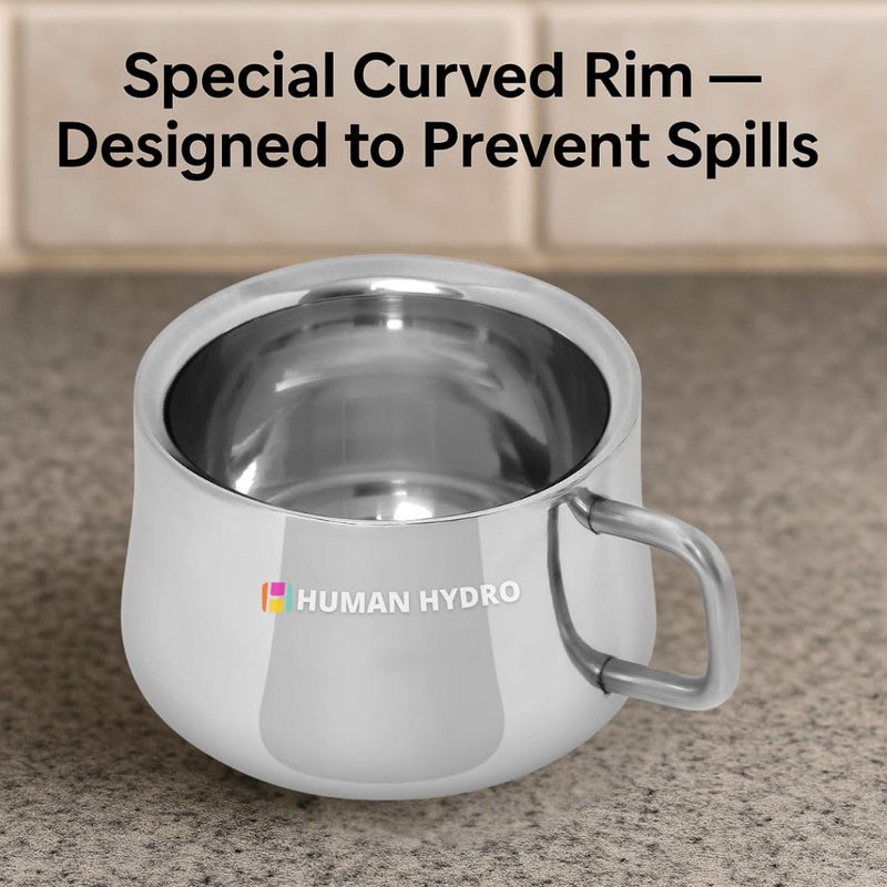 Human Hydro مجموعة من 12 كوب صغير عريض من الفولاذ | 120 مل لكل كوب | أكواب شاي من الفولاذ المقاوم للصدأ عالية الجودة | متينة، مقاومة للصدأ وآمنة في غسالة الصحون | حافة مقاومة للتسرب | مثالية للشاي، القهوة، الحليب والاستخدام اليومي - Image 4