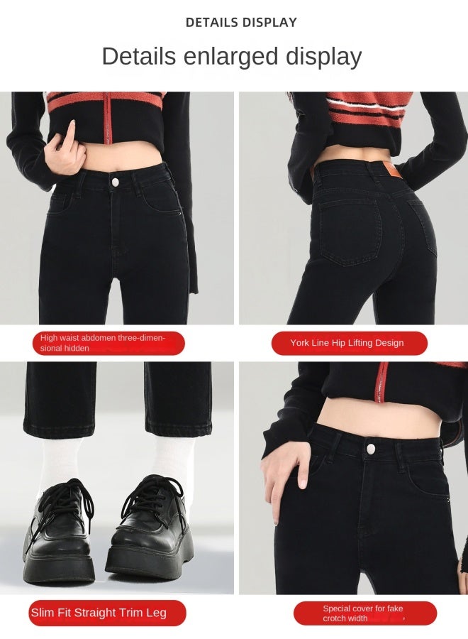 HAPPY Black Straight-leg Pants With Fleece-lined Jeans For Women, Autumn And Winter Petite High-waisted Slim-fit Cigarette Pants - Image 2