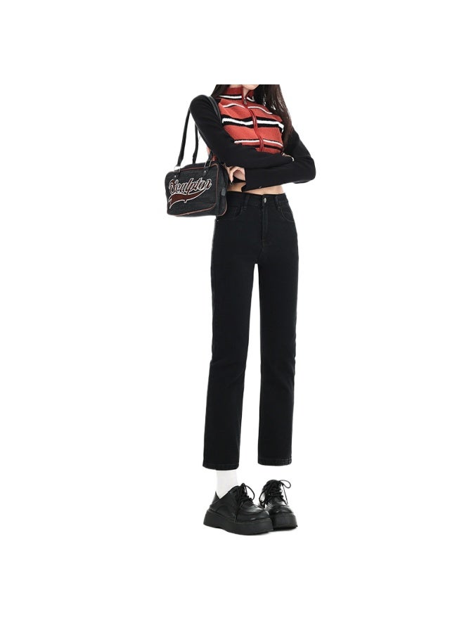 HAPPY Black Straight-leg Pants With Fleece-lined Jeans For Women, Autumn And Winter Petite High-waisted Slim-fit Cigarette Pants - Image 1